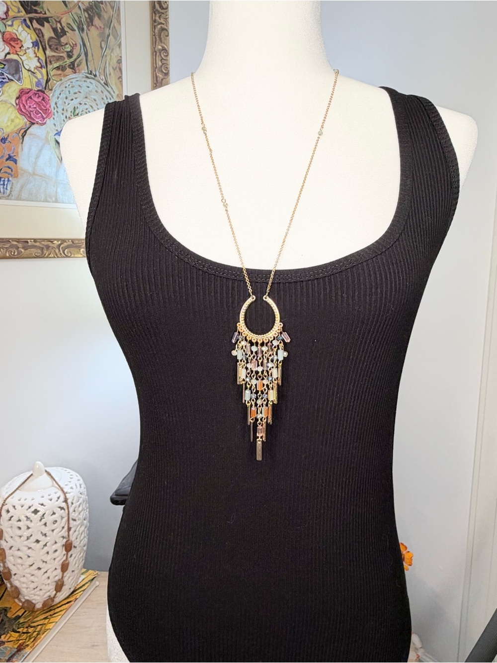 Boho Gold Tone Chandelier Fringe Pendant Necklace Beaded Dangle 18”